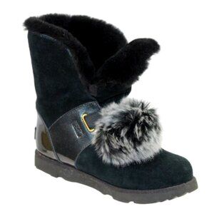 UGG Isley Shearling Lined Pom-Pom Black Shimmer Slip-On Tall Ankle Boot, Size 5